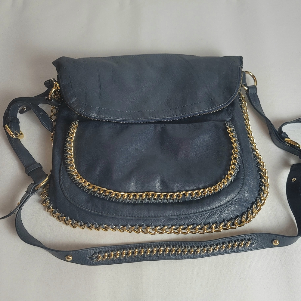 Sabina New York Navy Leather Crossbody Bag Gold Chain